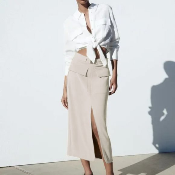 Zara Dresses & Skirts - NWT ZARA LINEN BLEND MIDI CARGO SKIRT ECRU